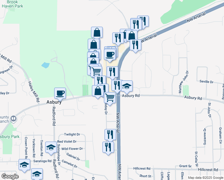 map of restaurants, bars, coffee shops, grocery stores, and more near 2595 Northwest Arterial in Dubuque