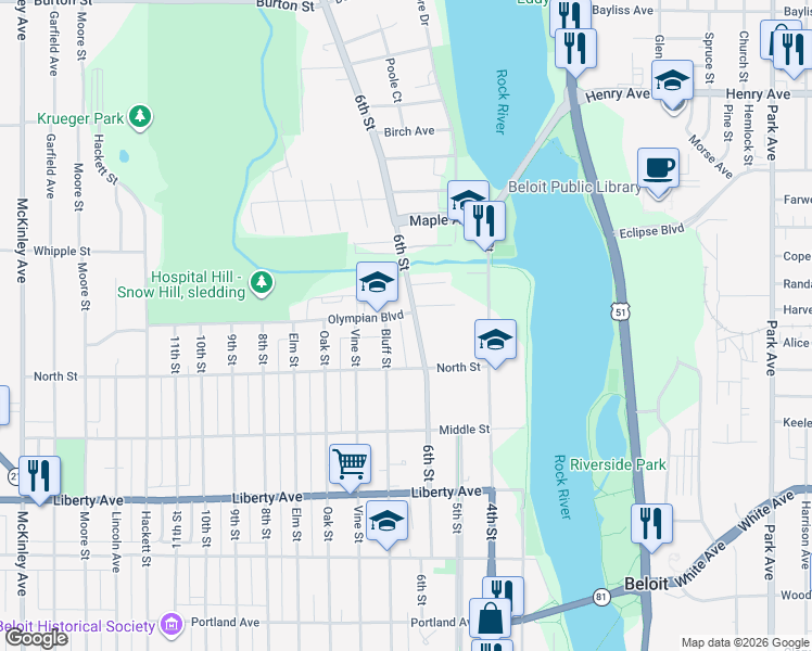 map of restaurants, bars, coffee shops, grocery stores, and more near 1344 6th Street in Beloit
