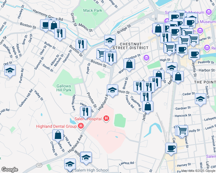 map of restaurants, bars, coffee shops, grocery stores, and more near 436 Essex Street in Salem