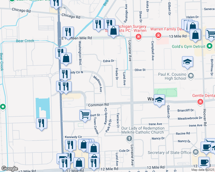 map of restaurants, bars, coffee shops, grocery stores, and more near 8481 Coachlite Manor Condominium in Warren