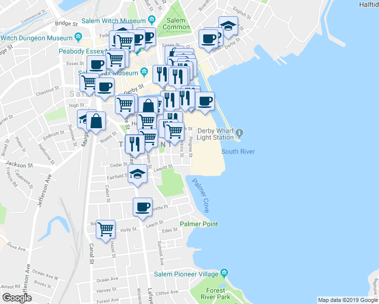 map of restaurants, bars, coffee shops, grocery stores, and more near 38 Perkins Street in Salem