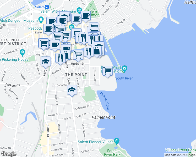 map of restaurants, bars, coffee shops, grocery stores, and more near 38 Perkins Street in Salem