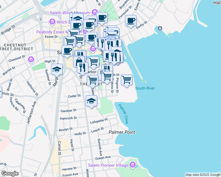 map of restaurants, bars, coffee shops, grocery stores, and more near 38 Perkins Street in Salem