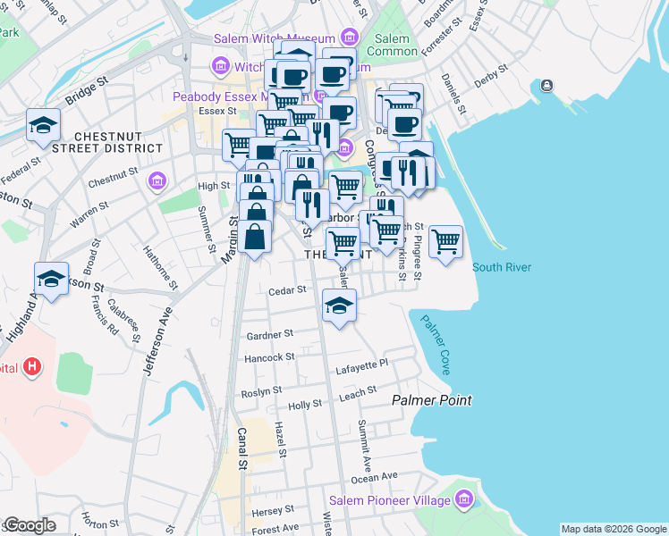 map of restaurants, bars, coffee shops, grocery stores, and more near 40 Salem Street in Salem