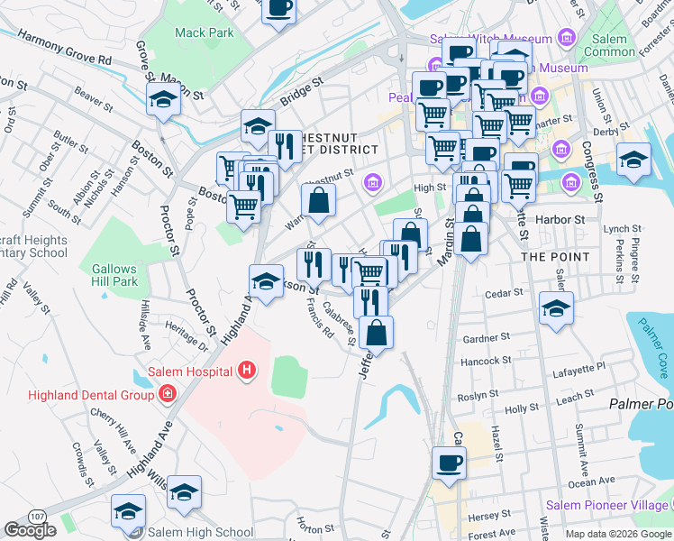 map of restaurants, bars, coffee shops, grocery stores, and more near 14 Phelps Street in Salem