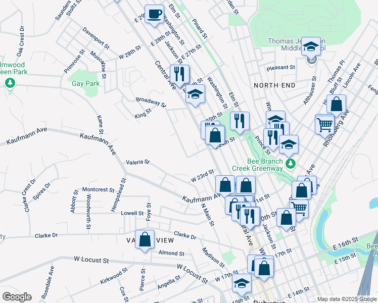 map of restaurants, bars, coffee shops, grocery stores, and more near 2418 Broadway Street in Dubuque