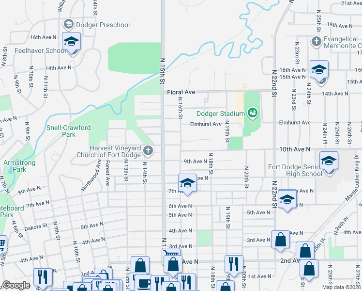 map of restaurants, bars, coffee shops, grocery stores, and more near 1609 11th Avenue North in Fort Dodge