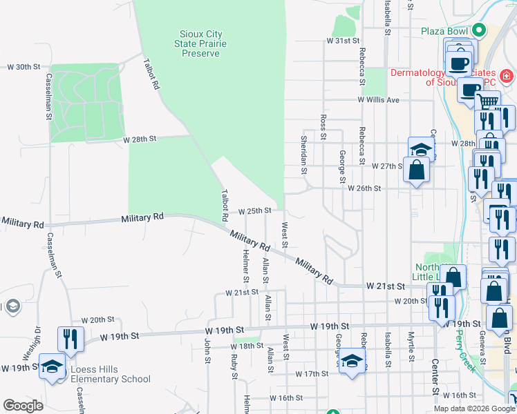 map of restaurants, bars, coffee shops, grocery stores, and more near 1807 West 25th Street in Sioux City