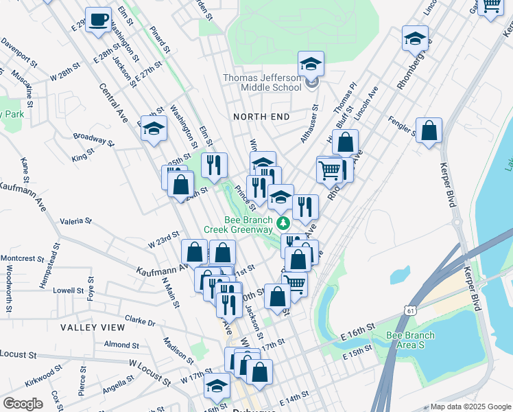 map of restaurants, bars, coffee shops, grocery stores, and more near 2240 Prince St in Dubuque