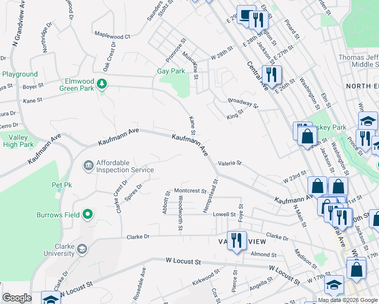 map of restaurants, bars, coffee shops, grocery stores, and more near 2599 Clarke Crest Dr in Dubuque