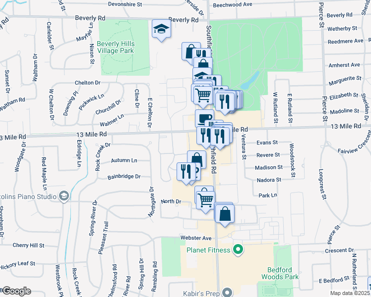 map of restaurants, bars, coffee shops, grocery stores, and more near 18329 West 13 Mile Road in Southfield