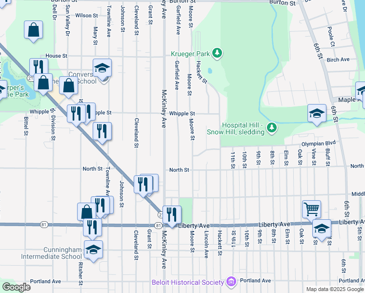map of restaurants, bars, coffee shops, grocery stores, and more near 1353 Garfield Avenue in Beloit