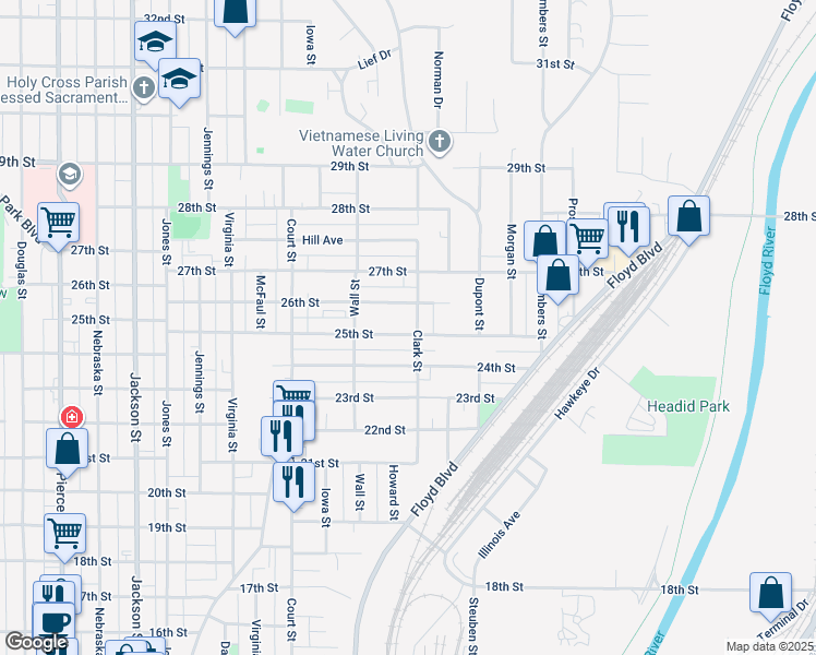 map of restaurants, bars, coffee shops, grocery stores, and more near 1419 25th Street in Sioux City
