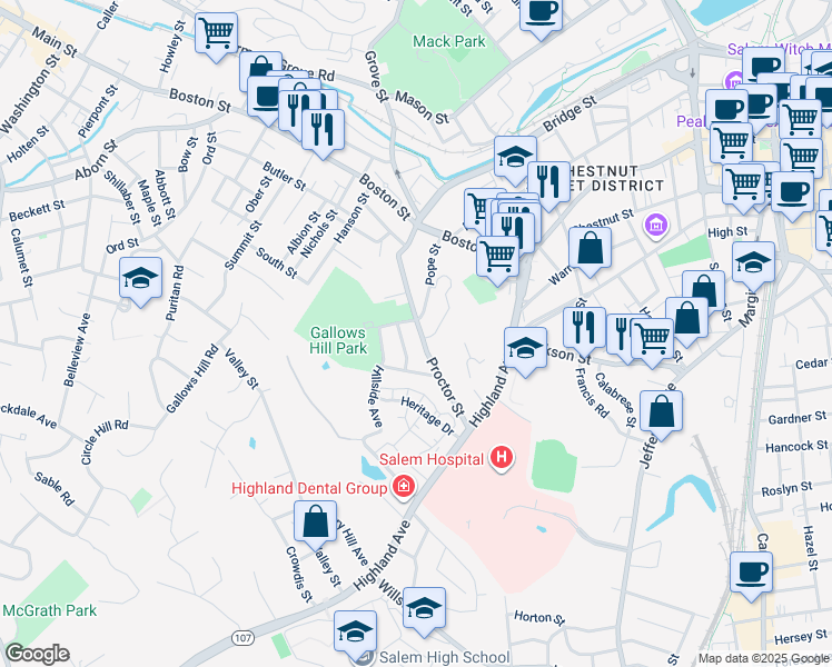 map of restaurants, bars, coffee shops, grocery stores, and more near 58 Proctor Street in Salem