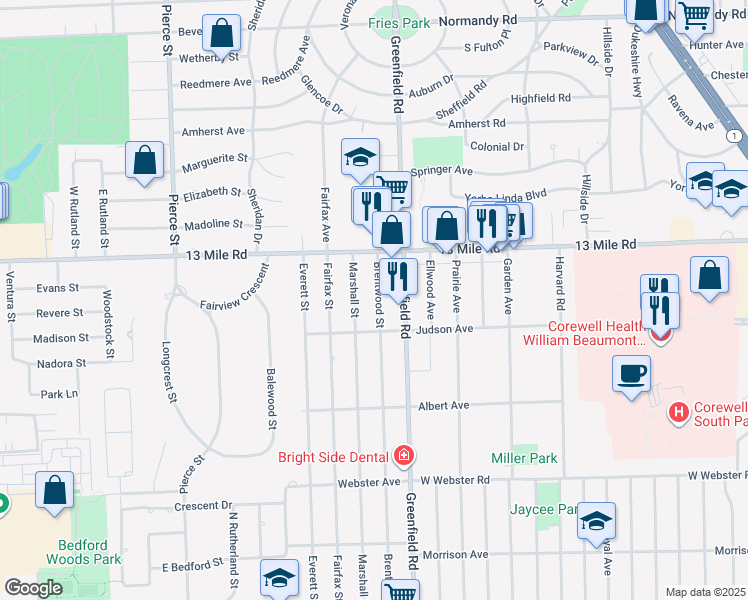 map of restaurants, bars, coffee shops, grocery stores, and more near 30767 Brentwood Street in Southfield