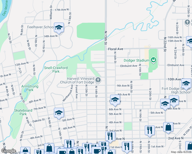 map of restaurants, bars, coffee shops, grocery stores, and more near County Highway D18 in Fort Dodge