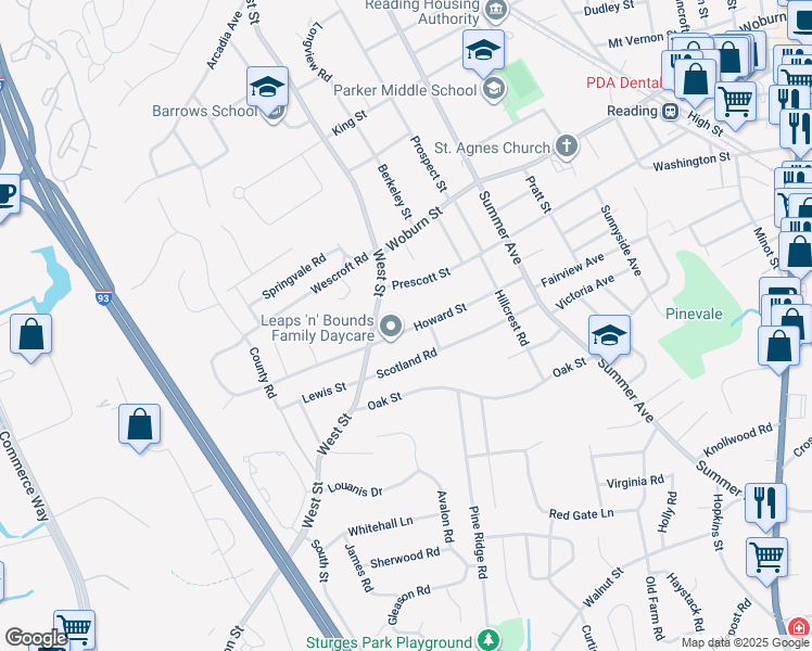 map of restaurants, bars, coffee shops, grocery stores, and more near 77 Howard Street in Reading