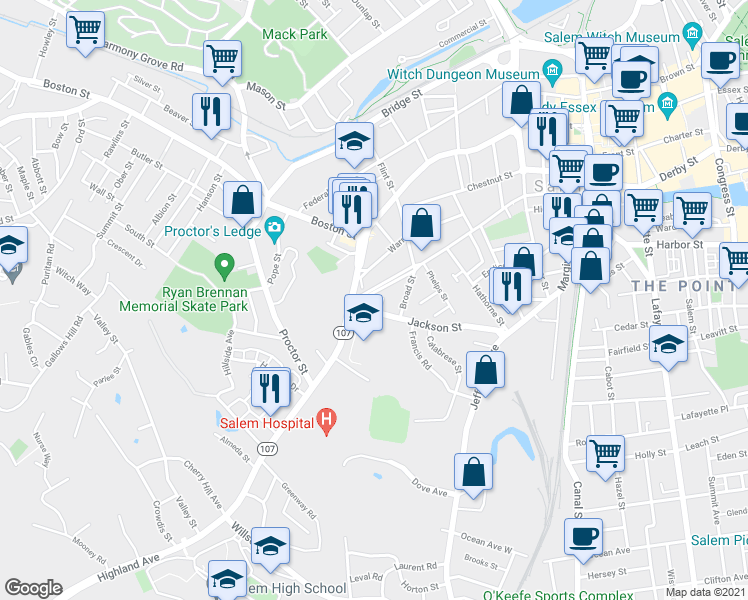 map of restaurants, bars, coffee shops, grocery stores, and more near 15 Dalton Parkway in Salem