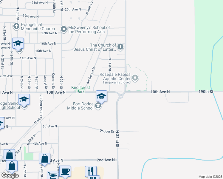 map of restaurants, bars, coffee shops, grocery stores, and more near 1003 North 31st Street in Fort Dodge