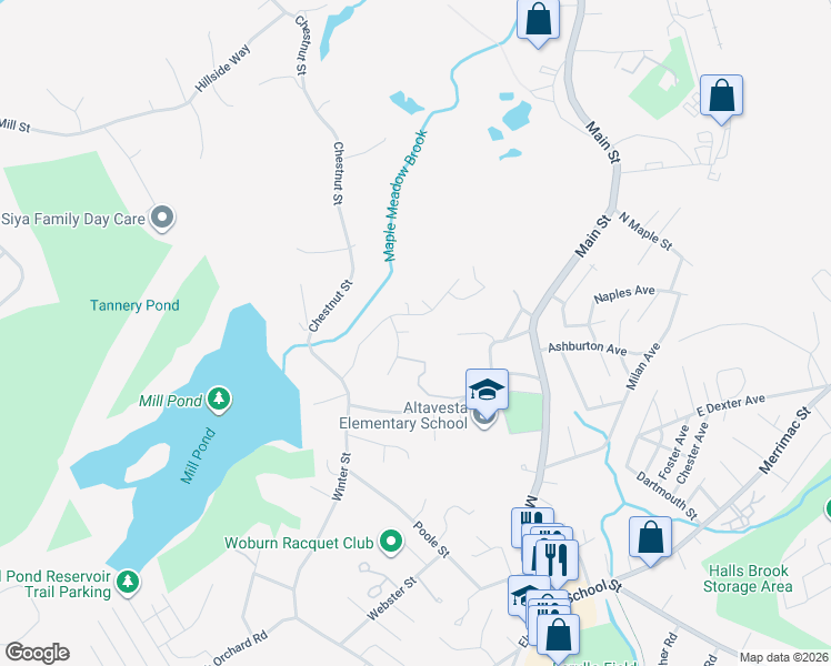 map of restaurants, bars, coffee shops, grocery stores, and more near 2 Cedarwood Rd in Woburn