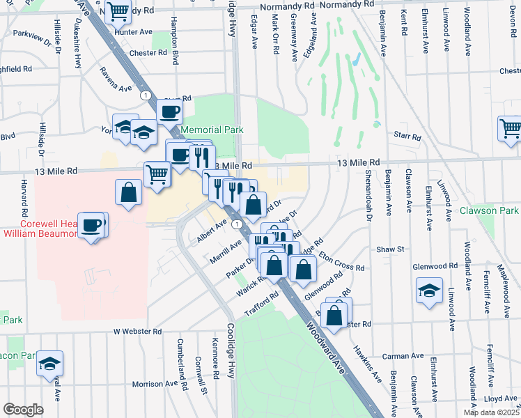 map of restaurants, bars, coffee shops, grocery stores, and more near 3112 Guilford Drive in Royal Oak