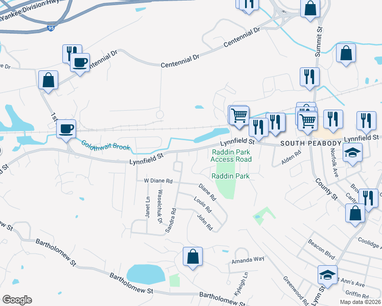 map of restaurants, bars, coffee shops, grocery stores, and more near 166 Lynnfield Street in Peabody
