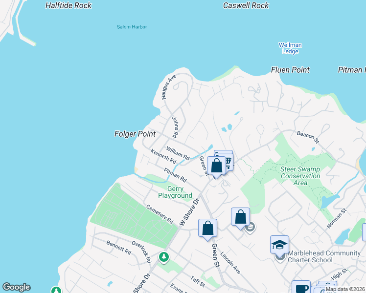 map of restaurants, bars, coffee shops, grocery stores, and more near 214 Green Street in Marblehead