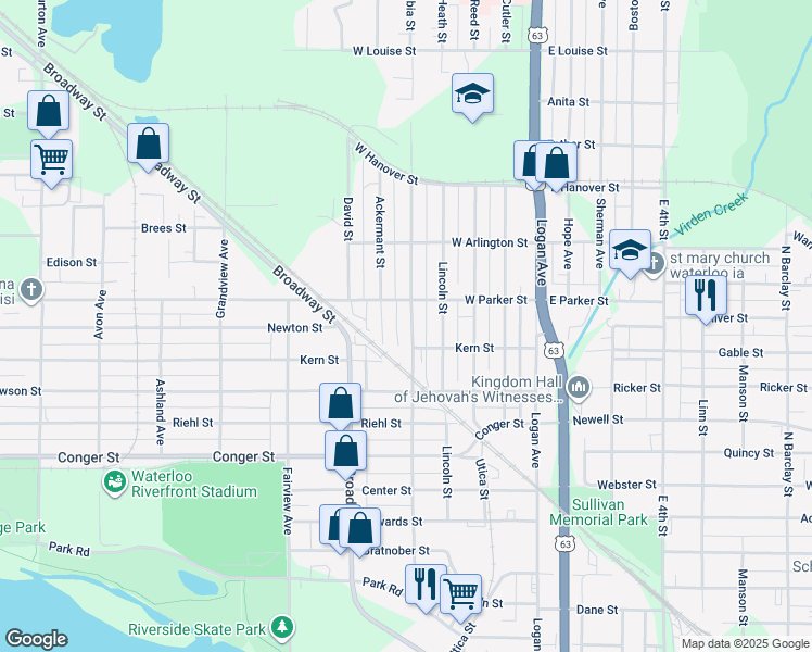 map of restaurants, bars, coffee shops, grocery stores, and more near 1027 Columbia Street in Waterloo