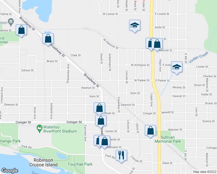 map of restaurants, bars, coffee shops, grocery stores, and more near 1021 Ackermant Street in Waterloo