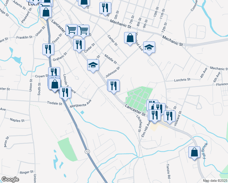 map of restaurants, bars, coffee shops, grocery stores, and more near 288 Lancaster Street in Leominster