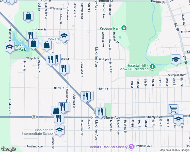 map of restaurants, bars, coffee shops, grocery stores, and more near 1352 McKinley Avenue in Beloit