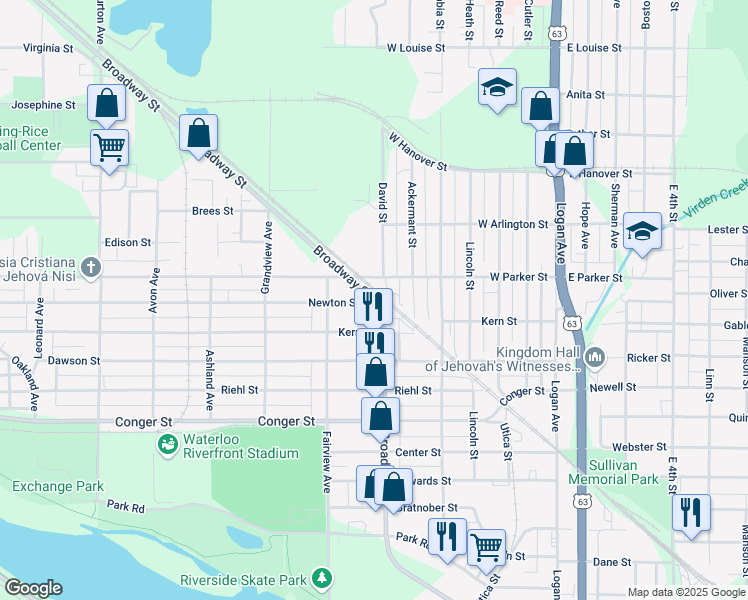 map of restaurants, bars, coffee shops, grocery stores, and more near 500 Newton Street in Waterloo