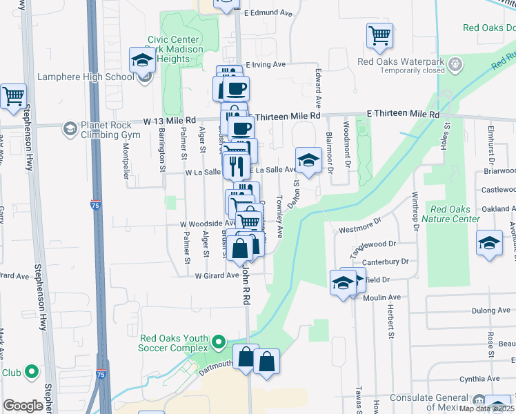 map of restaurants, bars, coffee shops, grocery stores, and more near 30456 John R Road in Madison Heights