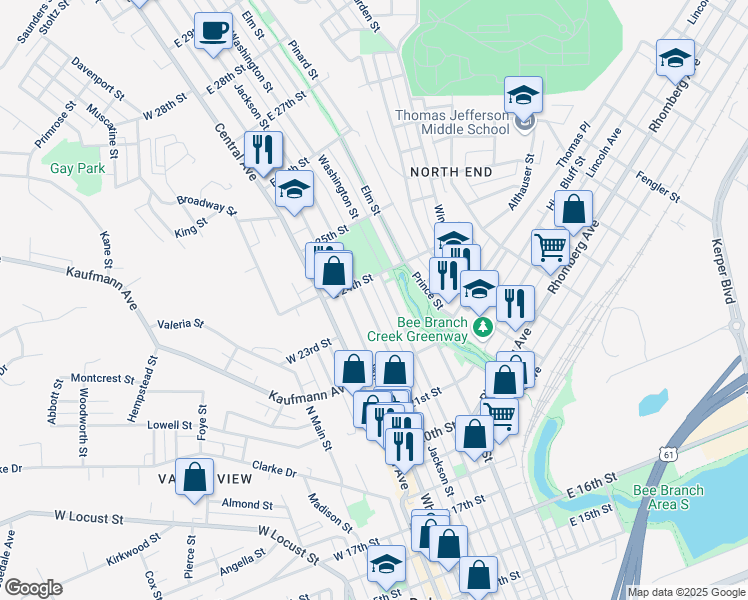 map of restaurants, bars, coffee shops, grocery stores, and more near 2322 Jackson St in Dubuque