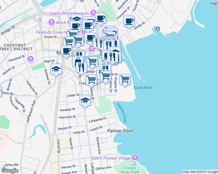 map of restaurants, bars, coffee shops, grocery stores, and more near 38 Perkins Street in Salem