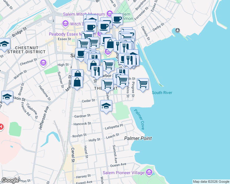 map of restaurants, bars, coffee shops, grocery stores, and more near 41 Palmer Street in Salem