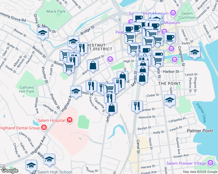 map of restaurants, bars, coffee shops, grocery stores, and more near 48 Hathorne Street in Salem