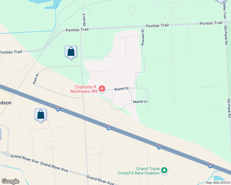 map of restaurants, bars, coffee shops, grocery stores, and more near 54867 Walnut Drive in New Hudson