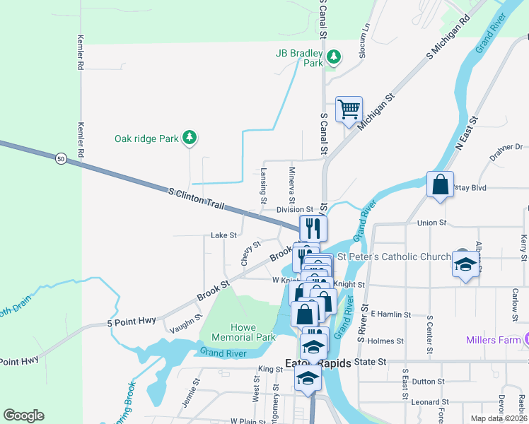 map of restaurants, bars, coffee shops, grocery stores, and more near 405 Division Street in Eaton Rapids