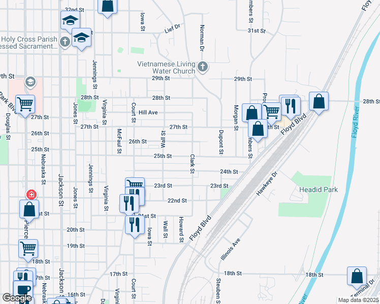 map of restaurants, bars, coffee shops, grocery stores, and more near 1419 25th Street in Sioux City
