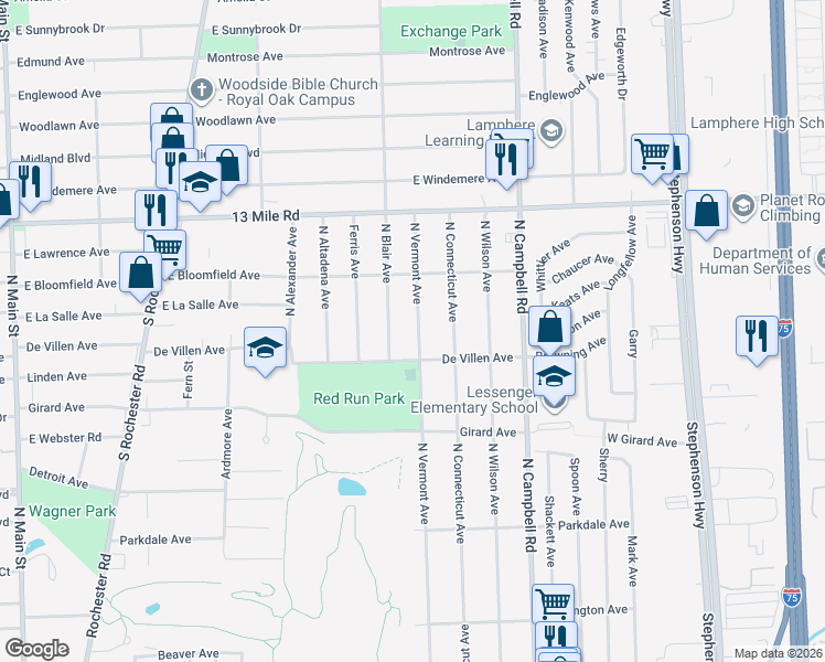 map of restaurants, bars, coffee shops, grocery stores, and more near 2927 N Vermont Ave in Royal Oak