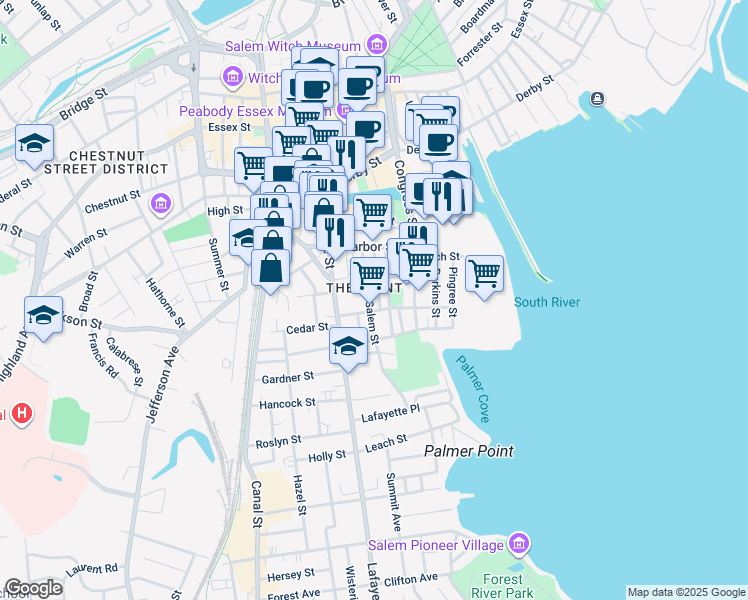 map of restaurants, bars, coffee shops, grocery stores, and more near 38 Salem Street in Salem