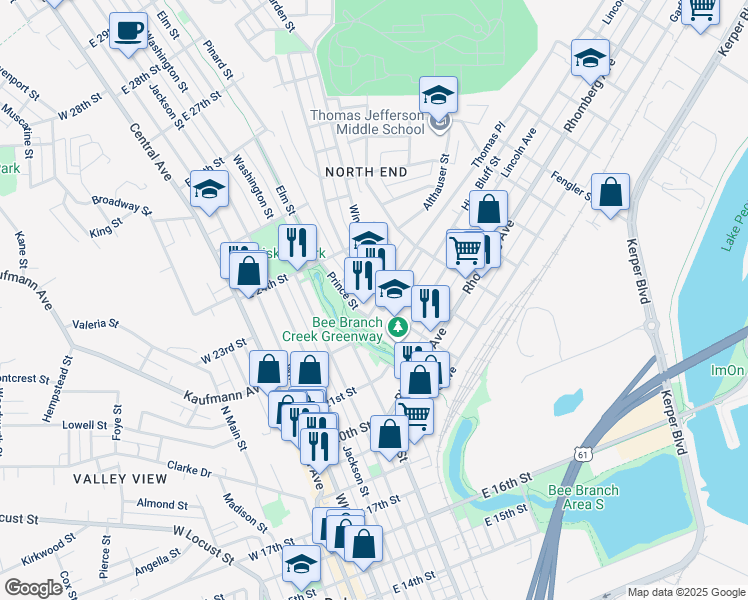 map of restaurants, bars, coffee shops, grocery stores, and more near 2240 Prince Street in Dubuque