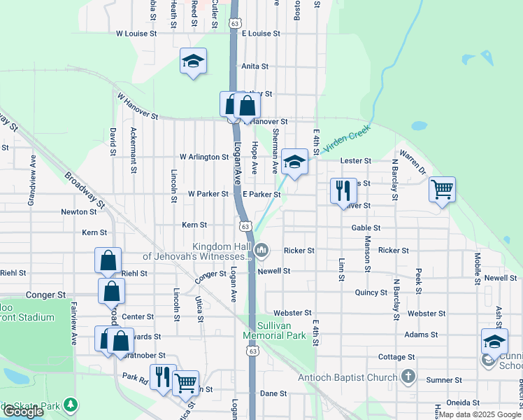 map of restaurants, bars, coffee shops, grocery stores, and more near 647 Ankeny Street in Waterloo