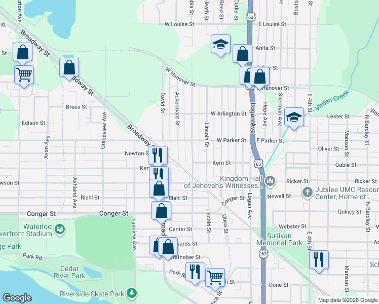 map of restaurants, bars, coffee shops, grocery stores, and more near 1027 Columbia Street in Waterloo