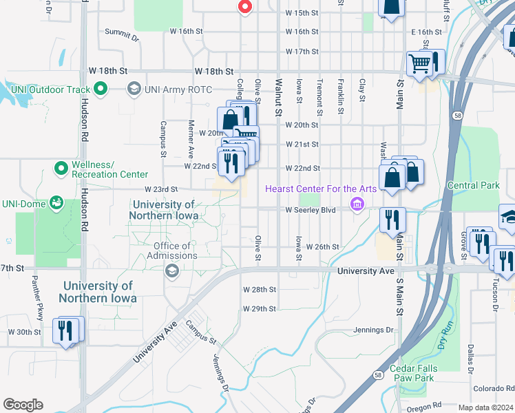 map of restaurants, bars, coffee shops, grocery stores, and more near 2322 Olive Street in Cedar Falls