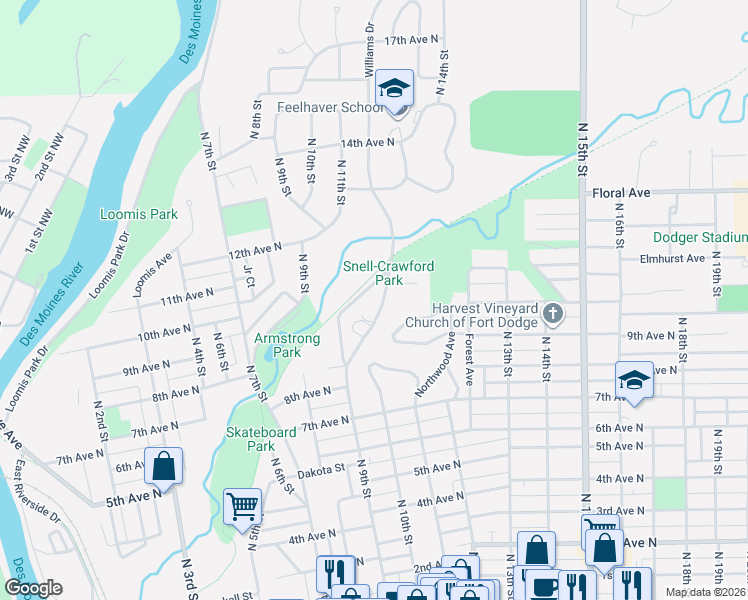 map of restaurants, bars, coffee shops, grocery stores, and more near 1019-1027 Williams Dr in Fort Dodge