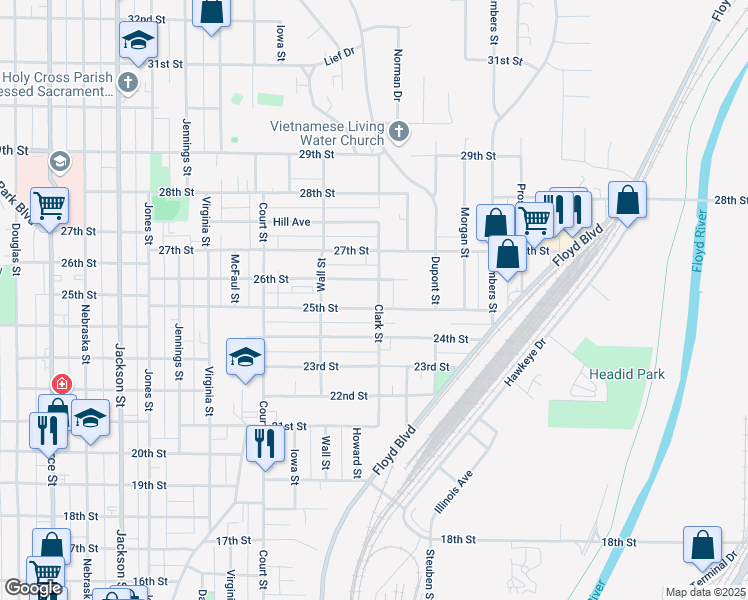 map of restaurants, bars, coffee shops, grocery stores, and more near 1419 25th Street in Sioux City