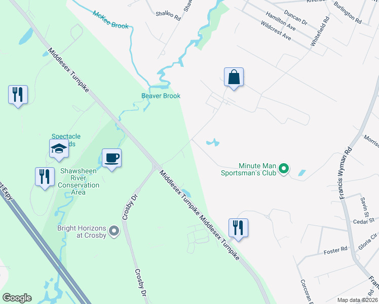 map of restaurants, bars, coffee shops, grocery stores, and more near 15 Taylor Pond Lane in Bedford