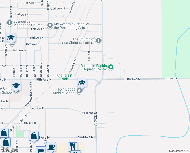 map of restaurants, bars, coffee shops, grocery stores, and more near 1003 North 31st Street in Fort Dodge